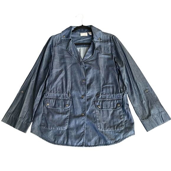 Chico's Jackets & Blazers - Women's Chico's Adjustable Waist Shacket Utility Jacket Blue Chambray Size 1